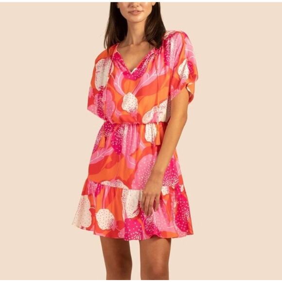 Trina Turk Pink Orange Floral Silk Mini Dress Size S Small Boho Tassle Tie - Picture 2 of 12